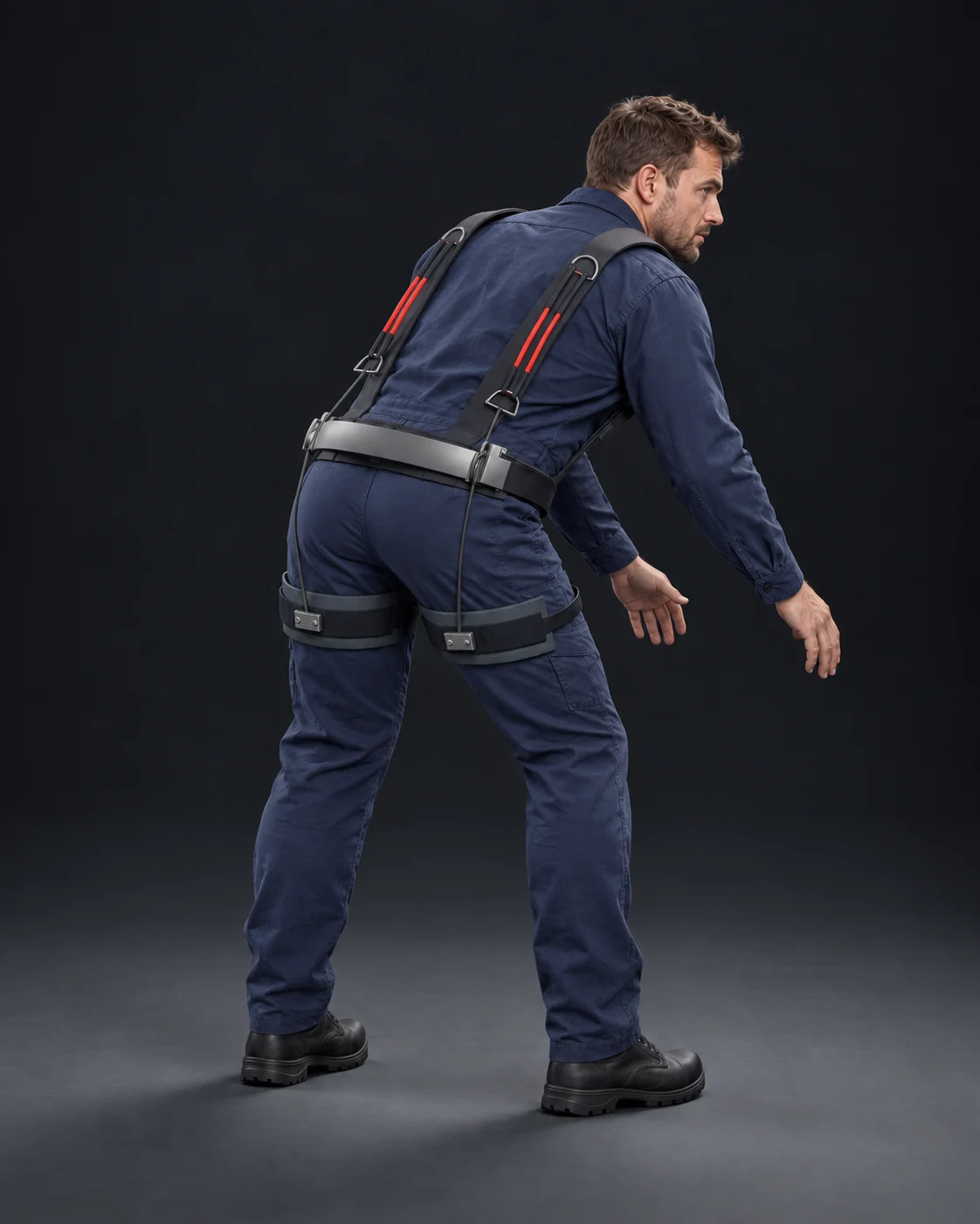 AI visual of a worker bending forward at the hips, showing the EXO concept along the back and thighs over the work uniform