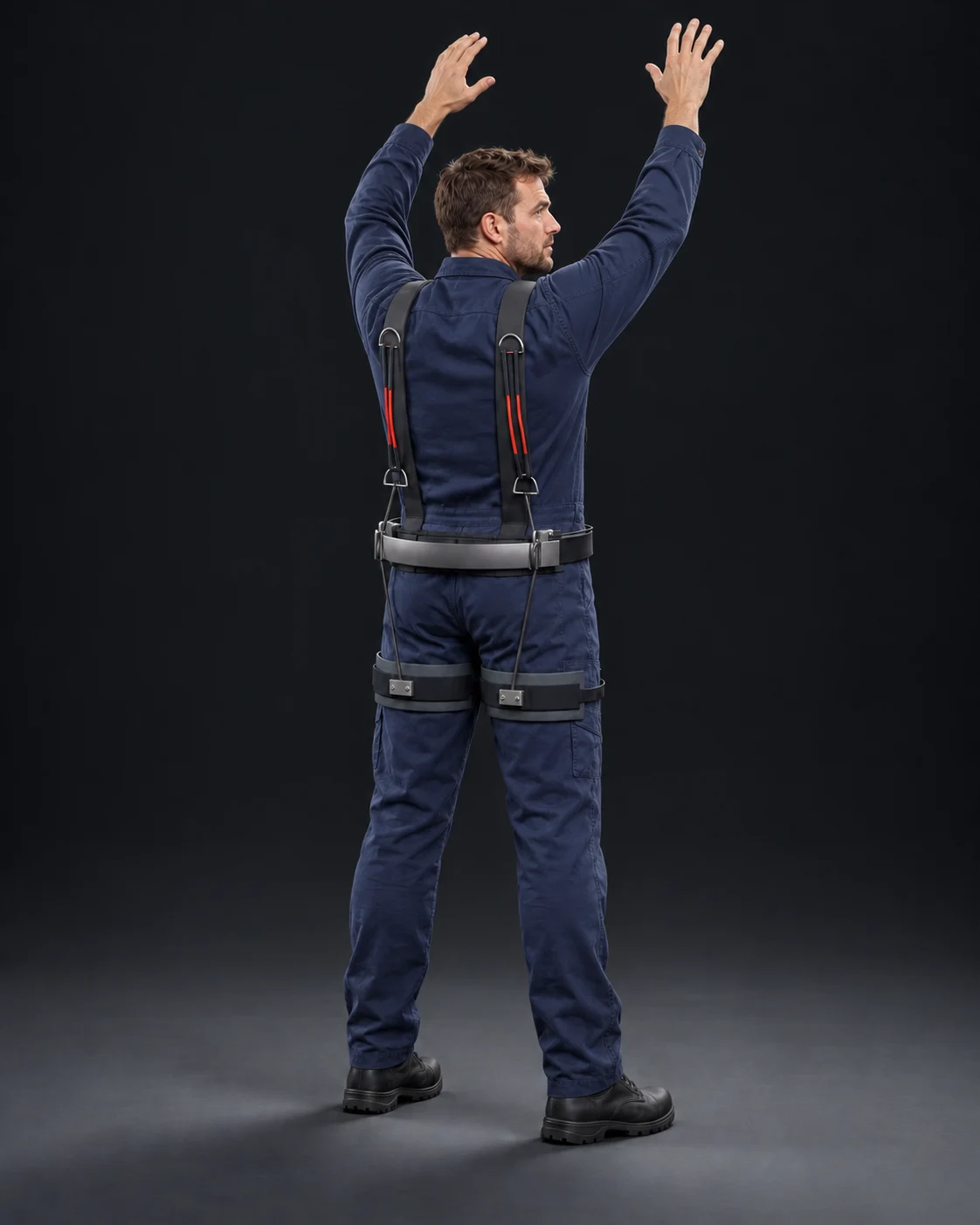AI visual of a worker reaching both arms overhead, with the EXO shoulder harness and thigh cuffs worn outside the work uniform