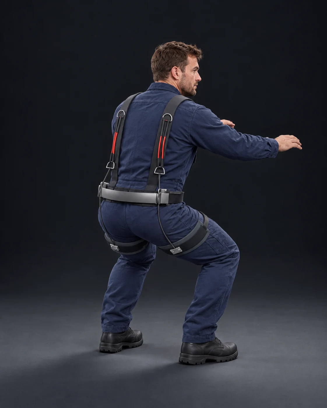 AI visual of a worker in a squat pose, knees and hips bent, with the EXO concept worn over the work uniform