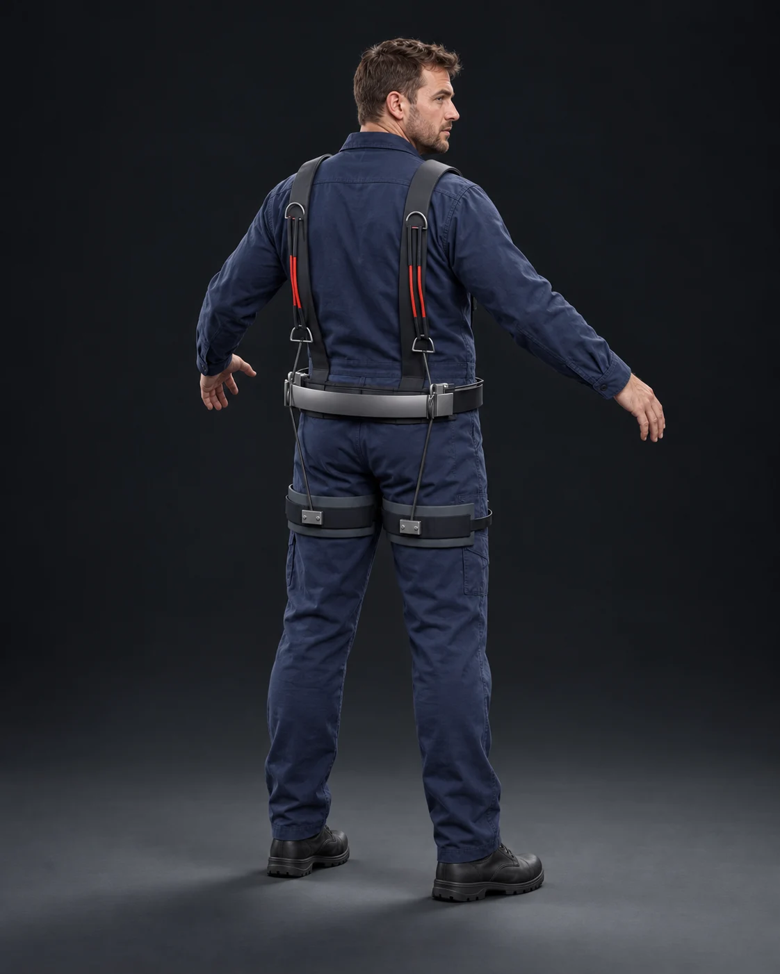 AI visual of a worker turning to show the EXO concept worn outside a work uniform, with the shoulder harness, red elastic elements and thigh cuffs visible